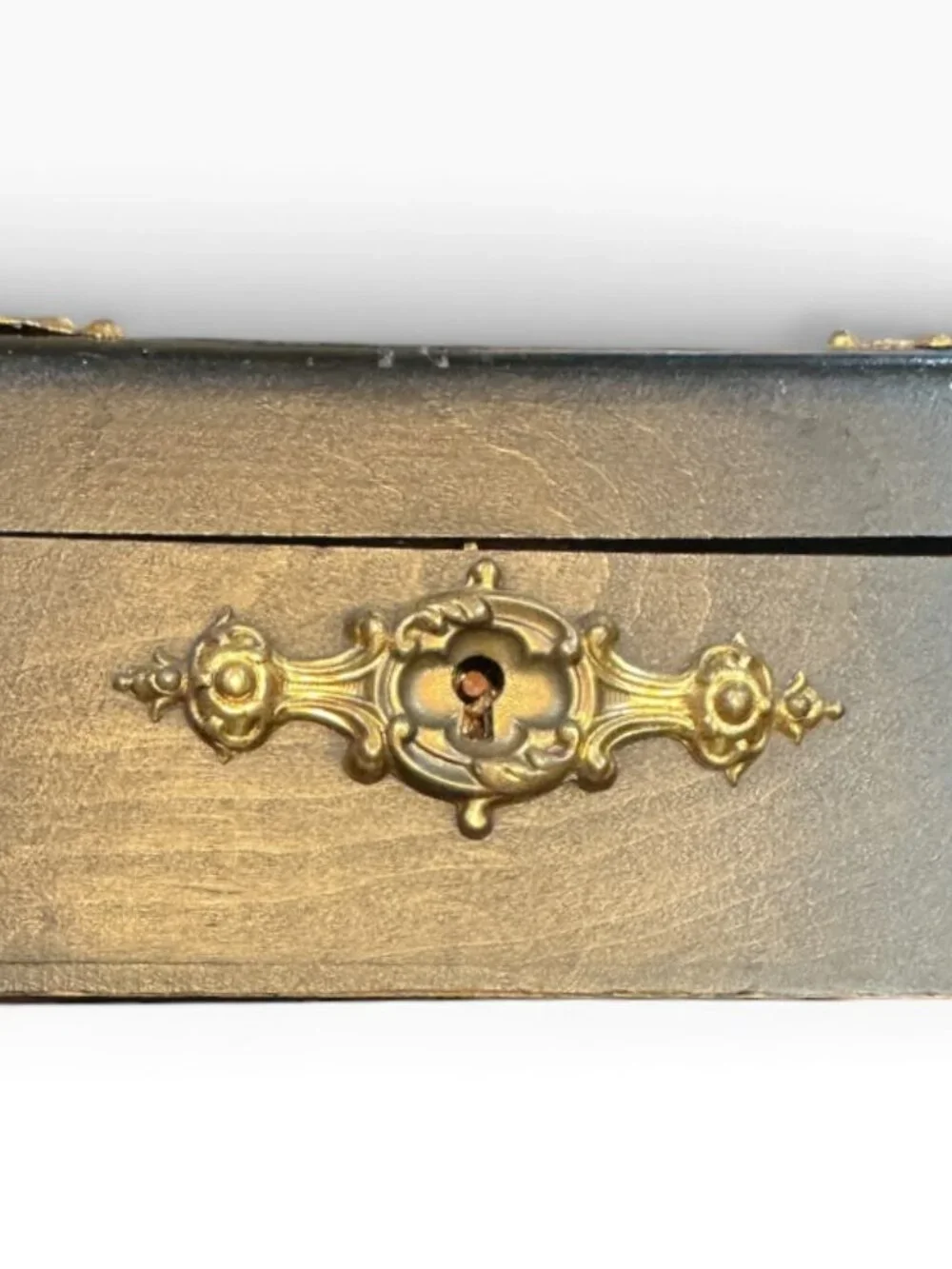 Antique C1900 Jewelry Casket Box Black Wood Brass Ormolu Red Satin Interior